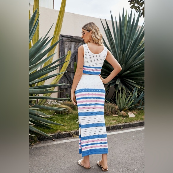 Striped Openwork Cropped Tank and Split Skirt Set - Picture 11 of 16